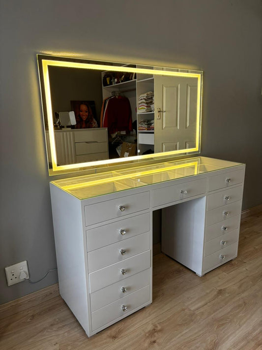 LED Frame Mirror Vanity Desk – Premium Modern Makeup Station (Glass Top)