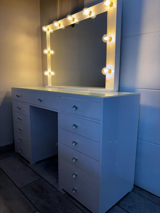 Queen Deluxe Glass Top Vanity Desk – 13 Drawer Premium Makeup Station (See-Through Design)