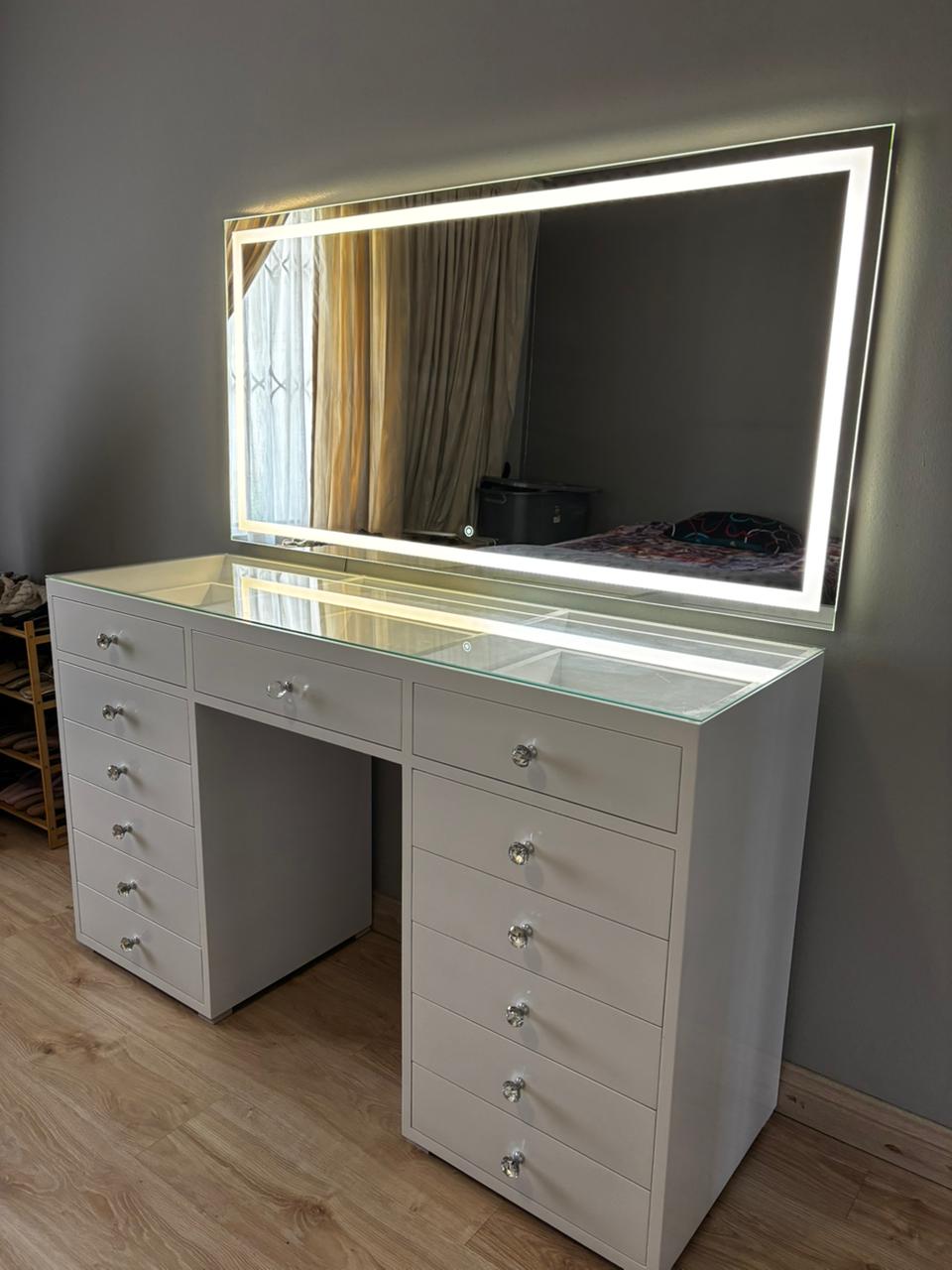 LED Frame Mirror Vanity Desk – Premium Modern Makeup Station (Glass Top)