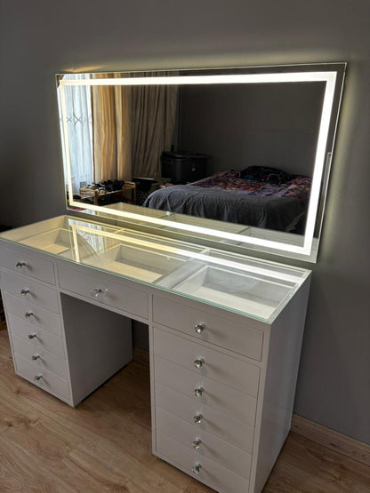 LED Frame Mirror Vanity Desk – Premium Modern Makeup Station (Glass Top)