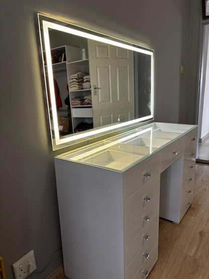 LED Frame Mirror Vanity Desk – Premium Modern Makeup Station (Glass Top)