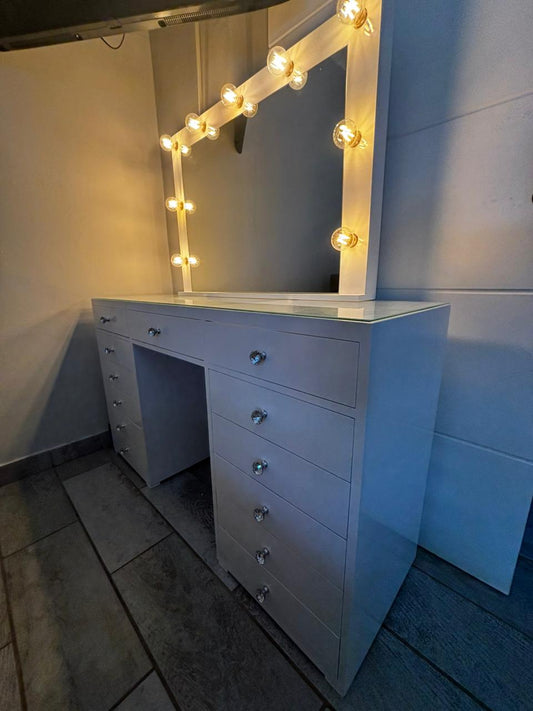 Queen Deluxe Glass Top Vanity Desk – 13 Drawer Premium Makeup Station (See-Through Design)