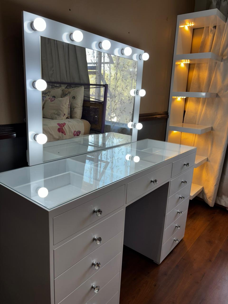 Queen Deluxe Glass Top Vanity Desk – 13 Drawer Premium Makeup Station (See-Through Design)