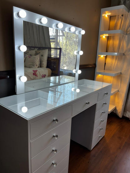 Queen Deluxe Glass Top Vanity Desk – 13 Drawer Premium Makeup Station (See-Through Design)