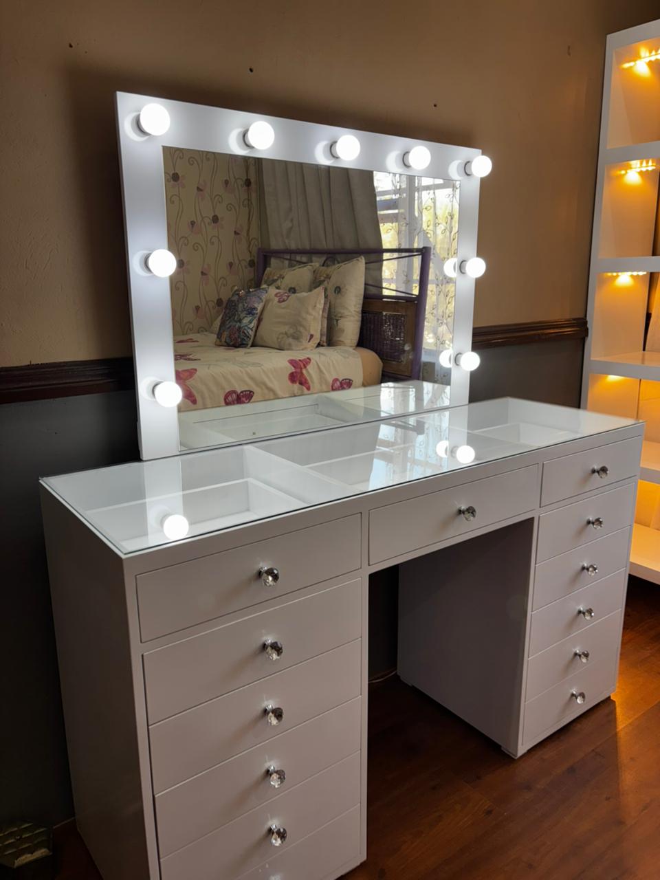 Queen Deluxe Glass Top Vanity Desk – 13 Drawer Premium Makeup Station (See-Through Design)