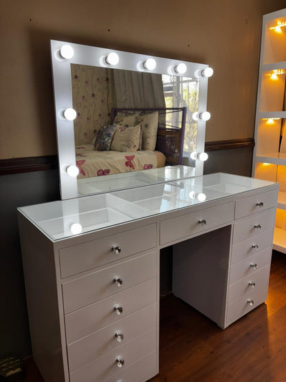 Queen Deluxe Glass Top Vanity Desk – 13 Drawer Premium Makeup Station (See-Through Design)