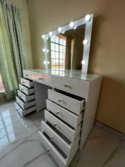 Queen Deluxe Glass Top Vanity Desk – 13 Drawer Premium Makeup Station (See-Through Design)